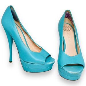 Versace Womens Turquoise Leather Peep Toe Double Platform Stiletto Heels 35.5 5